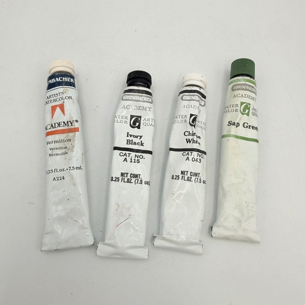 Grumbacher Academy Artists Watercolor Paint 4 Tubes 7.5ml Vermilion Green Black
